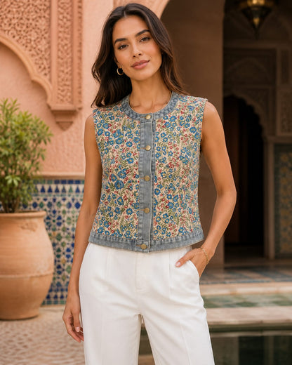 Gilet Femme en Denim Brodé – Style Bohème Chic et Tendance!